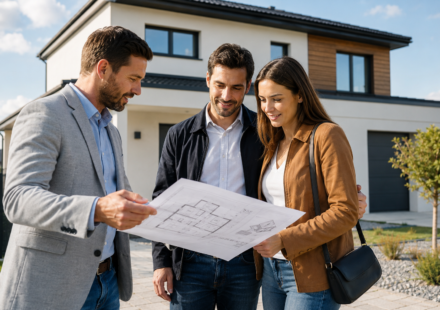 Immobilier neuf : comment bien choisir son constructeur pour réussir votre projet de maison neuve ? Un couple échange avec un constructeur de maisons individuelles devant les plans de leur future maison neuve.