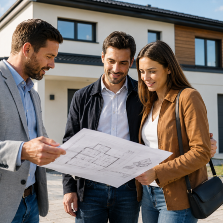 Immobilier neuf : comment bien choisir son constructeur pour réussir votre projet de maison neuve ? Un couple échange avec un constructeur de maisons individuelles devant les plans de leur future maison neuve.