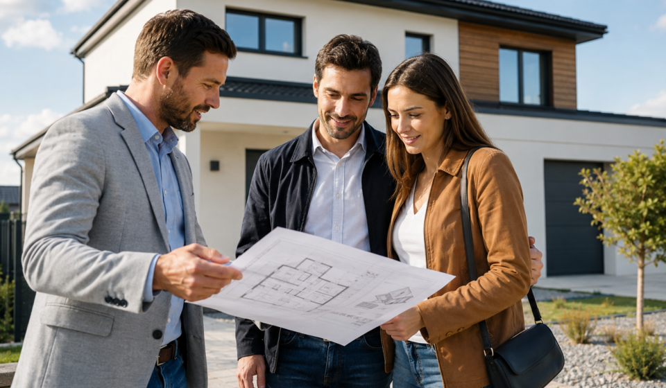 Immobilier neuf : comment bien choisir son constructeur pour réussir votre projet de maison neuve ? Un couple échange avec un constructeur de maisons individuelles devant les plans de leur future maison neuve.