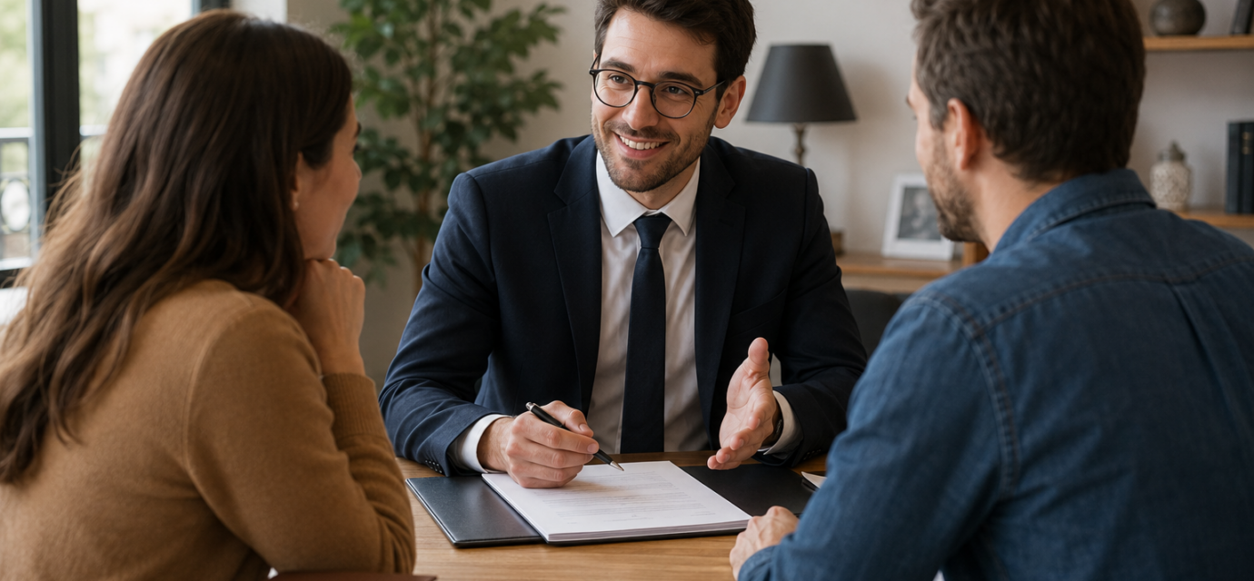 Comment choisir un bon notaire pour réussir son projet immobilier ? Les critères qui font vraiment la différence Couple échangeant avec un notaire lors d'un achat immobilier