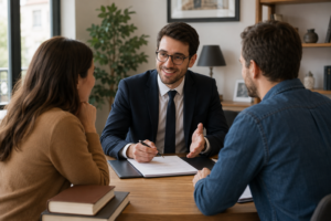 Couple échangeant avec un notaire lors d'un achat immobilier