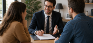 Couple échangeant avec un notaire lors d'un achat immobilier