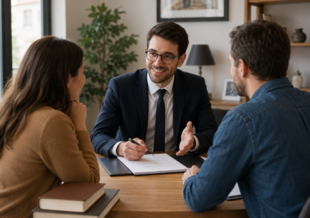 Couple échangeant avec un notaire lors d'un achat immobilier