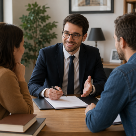 Couple échangeant avec un notaire lors d'un achat immobilier