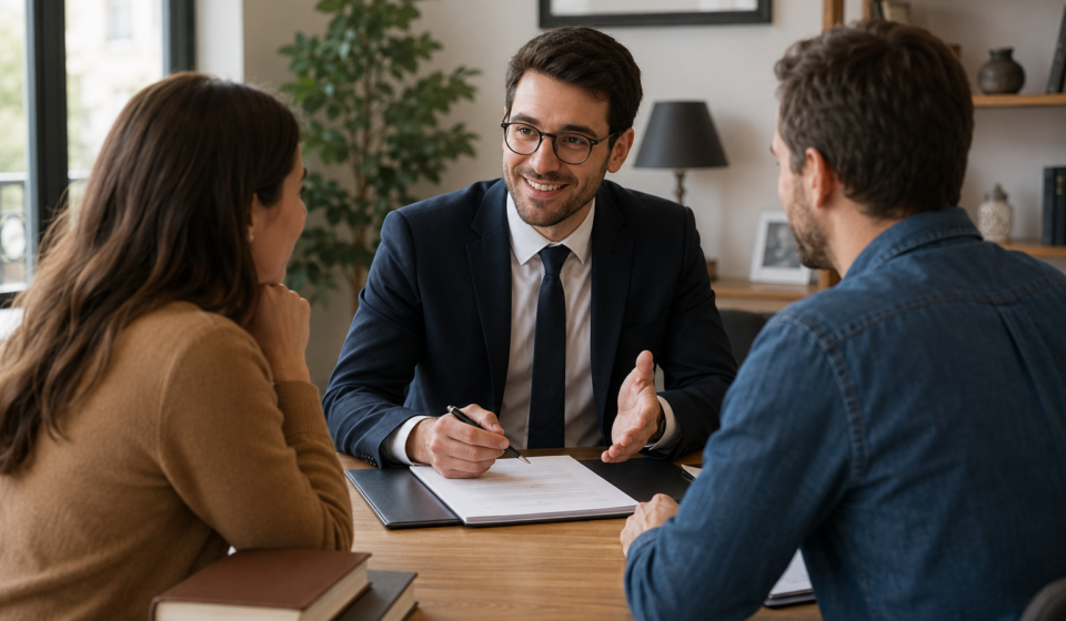 Comment choisir un bon notaire pour réussir son projet immobilier ? Les critères qui font vraiment la différence Couple échangeant avec un notaire lors d'un achat immobilier