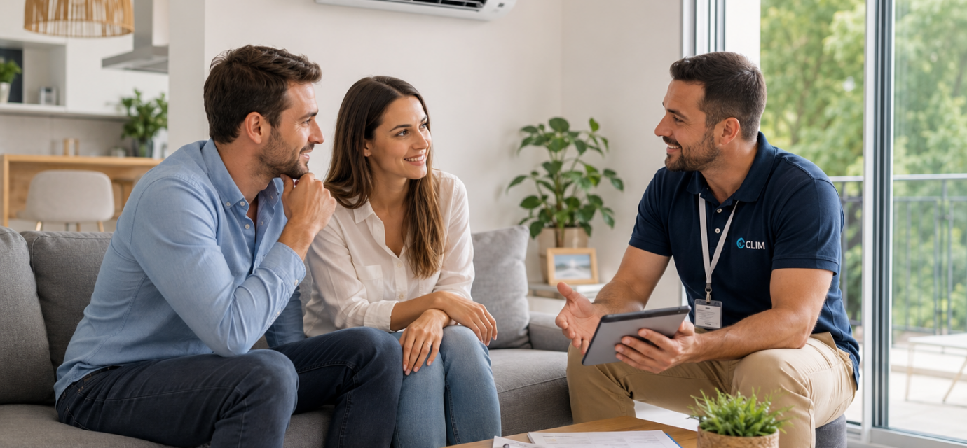 Un couple échange avec un professionnel de la climatisation dans un salon moderne avant l'installation d'un climatiseur.