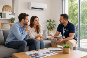 Un couple échange avec un professionnel de la climatisation dans un salon moderne avant l'installation d'un climatiseur.