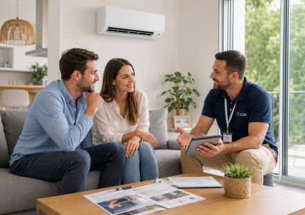 Un couple échange avec un professionnel de la climatisation dans un salon moderne avant l'installation d'un climatiseur.