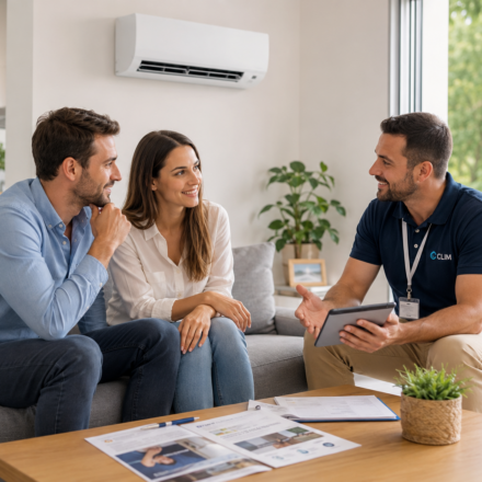 Quelles démarches administratives faut-il connaître avant d’installer une climatisation en 2026 ? Un couple échange avec un professionnel de la climatisation dans un salon moderne avant l'installation d'un climatiseur.
