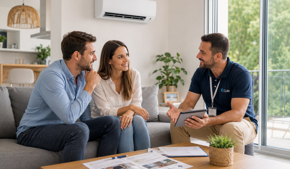 Quelles démarches administratives faut-il connaître avant d’installer une climatisation en 2026 ? Un couple échange avec un professionnel de la climatisation dans un salon moderne avant l'installation d'un climatiseur.