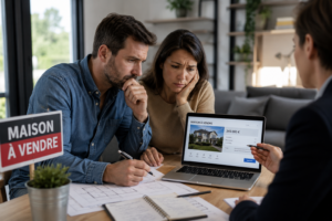 Vendeurs immobiliers échangeant avec un agent avant la mise en vente de leur maison