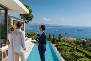 Un couple visite une villa contemporaine avec piscine aux côtés d'un agent immobilier spécialisé dans le marché de l'immobilier de luxe durant l'été 2026.