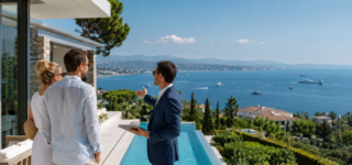 Un couple visite une villa contemporaine avec piscine aux côtés d'un agent immobilier spécialisé dans le marché de l'immobilier de luxe durant l'été 2026.