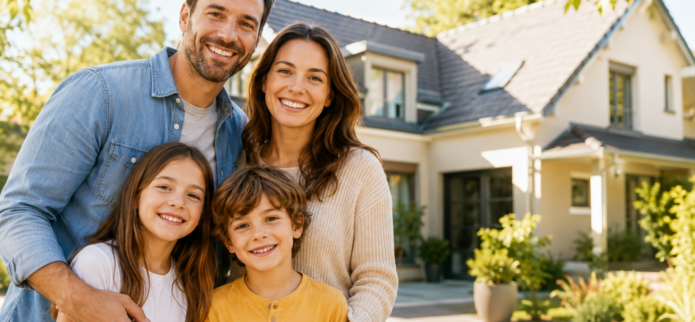 Une famille française devant une maison symbolisant la construction et la transmission d’un patrimoine immobilier