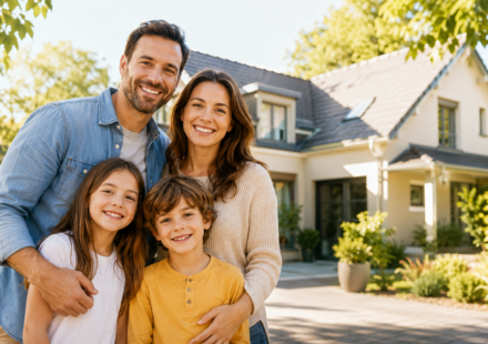 Une famille française devant une maison symbolisant la construction et la transmission d’un patrimoine immobilier