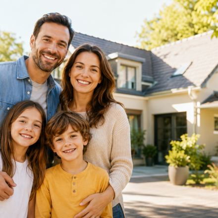 Une famille française devant une maison symbolisant la construction et la transmission d’un patrimoine immobilier