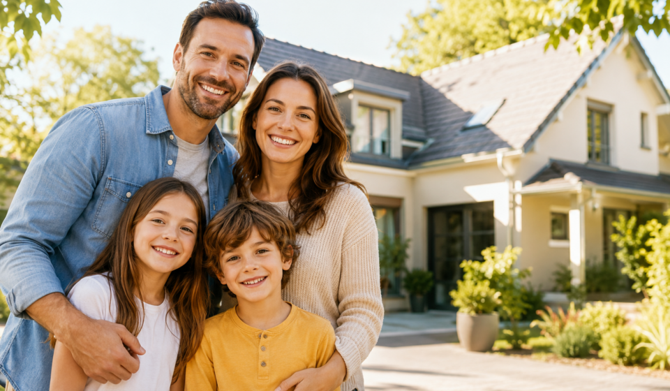 Une famille française devant une maison symbolisant la construction et la transmission d’un patrimoine immobilier