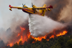 Canadair larguant de l'eau sur un important incendie de forêt en France pendant l'été 2026