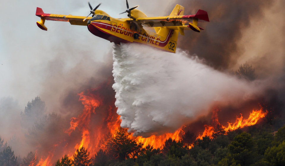 Canadair larguant de l'eau sur un important incendie de forêt en France pendant l'été 2026