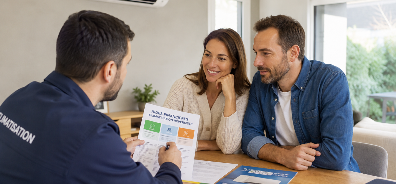 Un couple étudie avec un professionnel les aides financières disponibles pour installer une climatisation réversible en 2026.