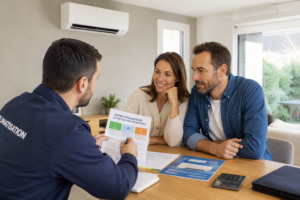 Un couple étudie avec un professionnel les aides financières disponibles pour installer une climatisation réversible en 2026.