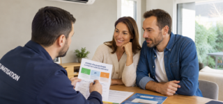 Un couple étudie avec un professionnel les aides financières disponibles pour installer une climatisation réversible en 2026.