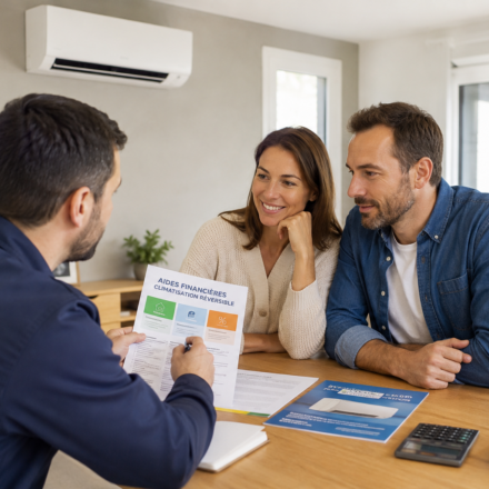 Climatisation : quelles aides financières sont réellement disponibles en 2026 ? Un couple étudie avec un professionnel les aides financières disponibles pour installer une climatisation réversible en 2026.