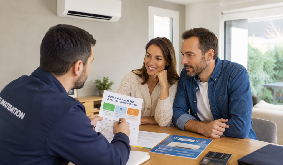 Un couple étudie avec un professionnel les aides financières disponibles pour installer une climatisation réversible en 2026.