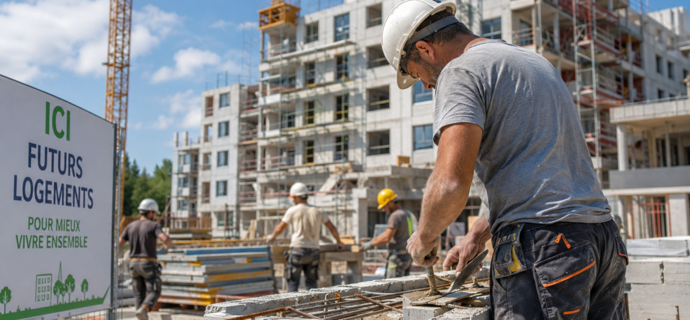 Des artisans réalisent des travaux de construction sur un chantier de logements neufs dans le cadre de la relance du marché immobilier en France.
