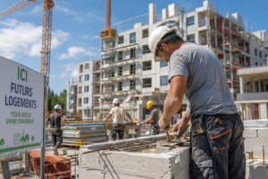 Des artisans réalisent des travaux de construction sur un chantier de logements neufs dans le cadre de la relance du marché immobilier en France.