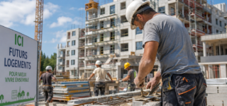 Des artisans réalisent des travaux de construction sur un chantier de logements neufs dans le cadre de la relance du marché immobilier en France.