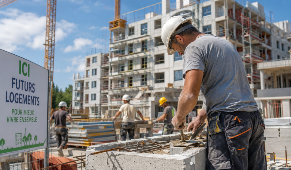 Des artisans réalisent des travaux de construction sur un chantier de logements neufs dans le cadre de la relance du marché immobilier en France.