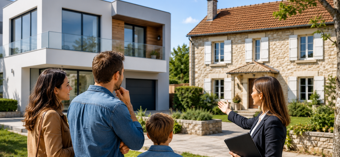 Maison contemporaine ou traditionnelle : quel style séduit vraiment les acheteurs en 2026 ? Famille comparant une maison contemporaine et une maison traditionnelle avant un achat immobilier en 2026.