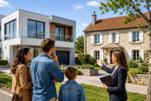 Famille comparant une maison contemporaine et une maison traditionnelle avant un achat immobilier en 2026.