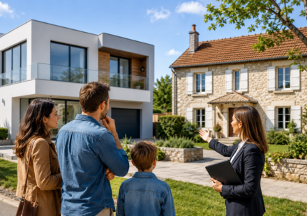 Maison contemporaine ou traditionnelle : quel style séduit vraiment les acheteurs en 2026 ? Famille comparant une maison contemporaine et une maison traditionnelle avant un achat immobilier en 2026.