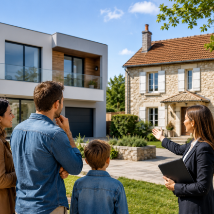 Maison contemporaine ou traditionnelle : quel style séduit vraiment les acheteurs en 2026 ? Famille comparant une maison contemporaine et une maison traditionnelle avant un achat immobilier en 2026.