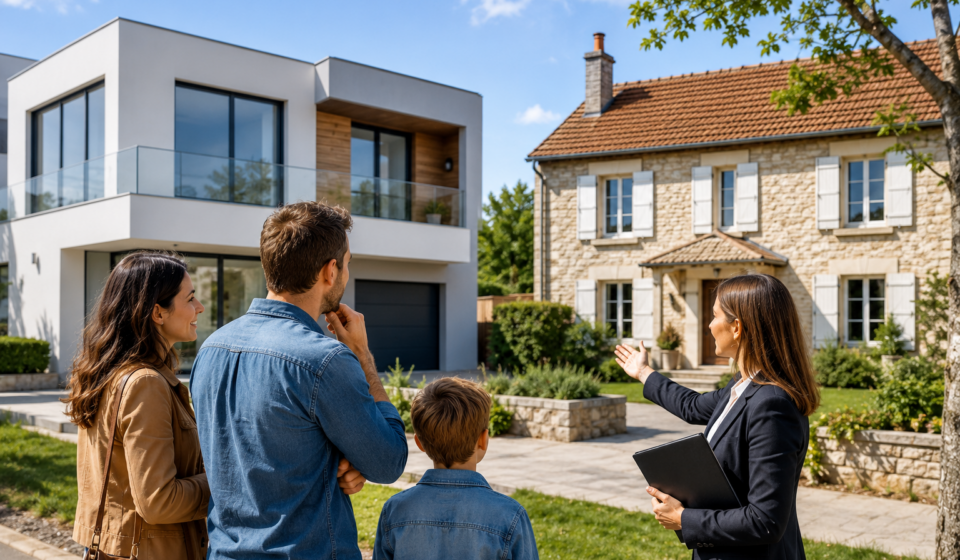 Maison contemporaine ou traditionnelle : quel style séduit vraiment les acheteurs en 2026 ? Famille comparant une maison contemporaine et une maison traditionnelle avant un achat immobilier en 2026.