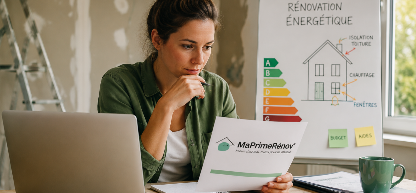 Propriétaire étudiant les nouvelles règles de MaPrimeRénov avant d'engager des travaux de rénovation énergétique.