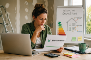 Propriétaire étudiant les nouvelles règles de MaPrimeRénov avant d'engager des travaux de rénovation énergétique.