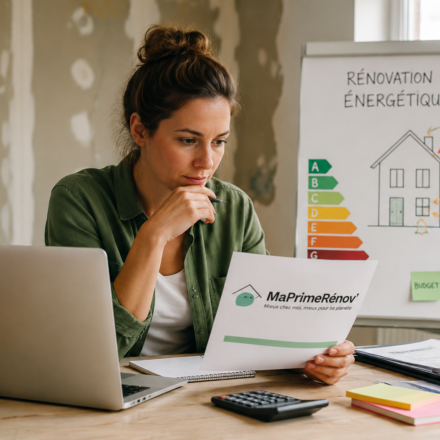 Propriétaire étudiant les nouvelles règles de MaPrimeRénov avant d'engager des travaux de rénovation énergétique.