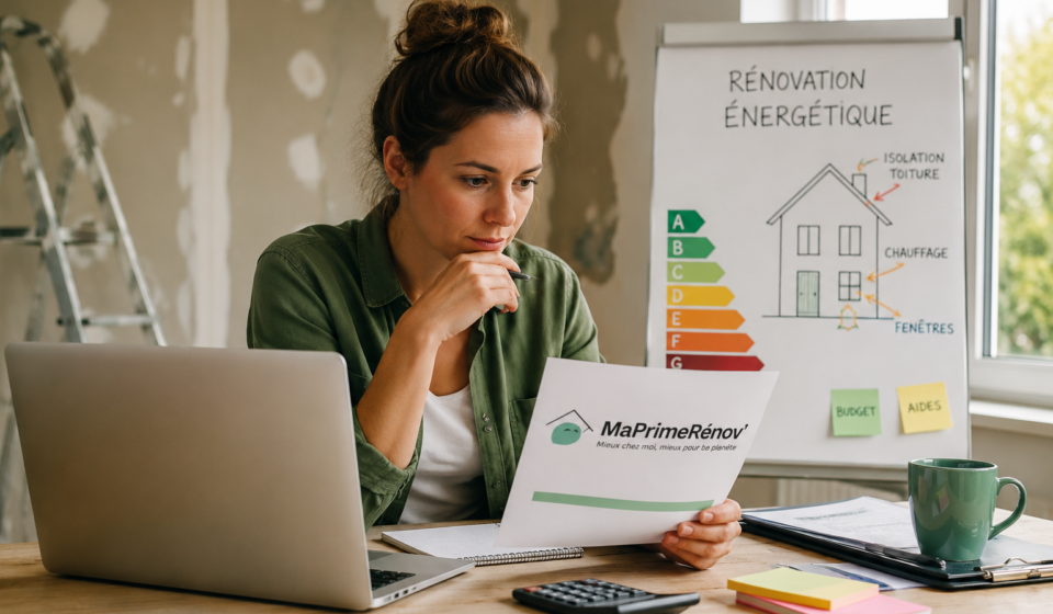 Propriétaire étudiant les nouvelles règles de MaPrimeRénov avant d'engager des travaux de rénovation énergétique.
