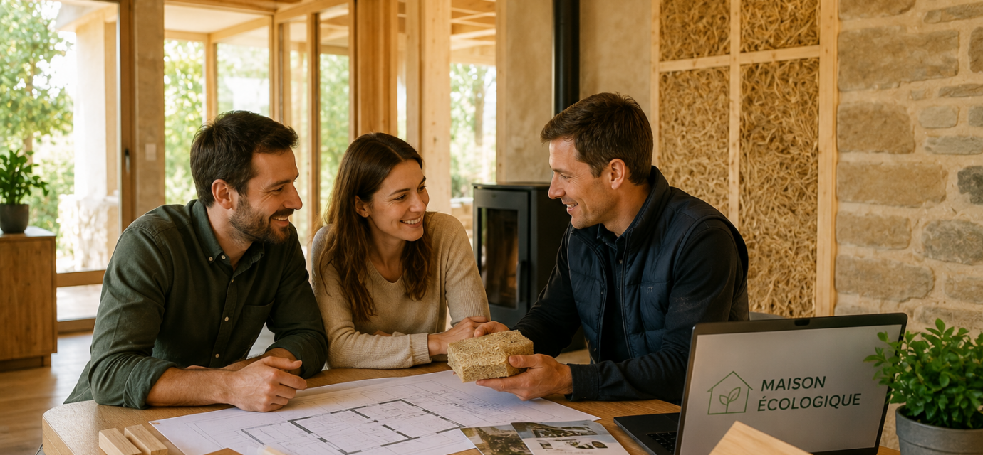 Pourquoi les matériaux naturels séduisent de plus en plus les Français ? Couple découvrant des matériaux naturels avec un professionnel dans une maison écologique en construction