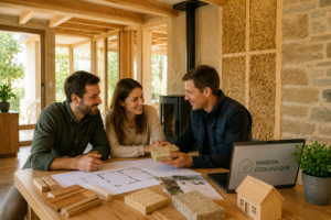 Couple découvrant des matériaux naturels avec un professionnel dans une maison écologique en construction