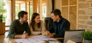 Couple découvrant des matériaux naturels avec un professionnel dans une maison écologique en construction
