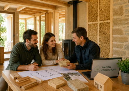 Pourquoi les matériaux naturels séduisent de plus en plus les Français ? Couple découvrant des matériaux naturels avec un professionnel dans une maison écologique en construction
