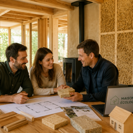 Pourquoi les matériaux naturels séduisent de plus en plus les Français ? Couple découvrant des matériaux naturels avec un professionnel dans une maison écologique en construction