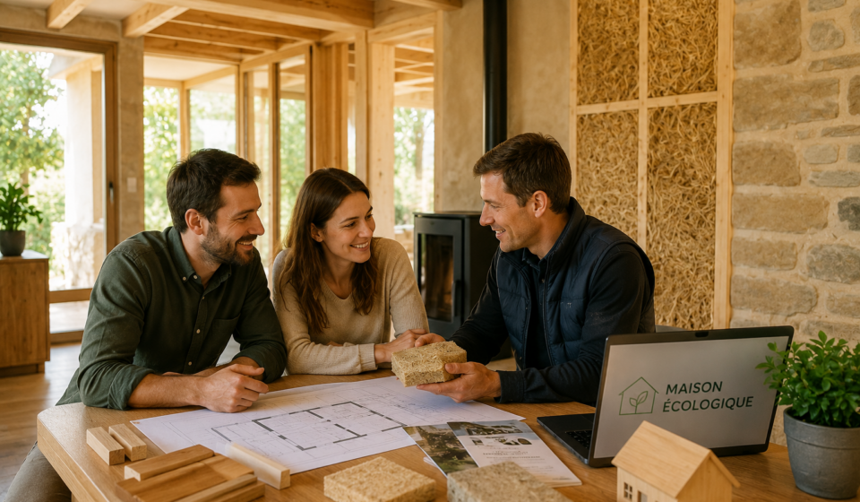 Pourquoi les matériaux naturels séduisent de plus en plus les Français ? Couple découvrant des matériaux naturels avec un professionnel dans une maison écologique en construction