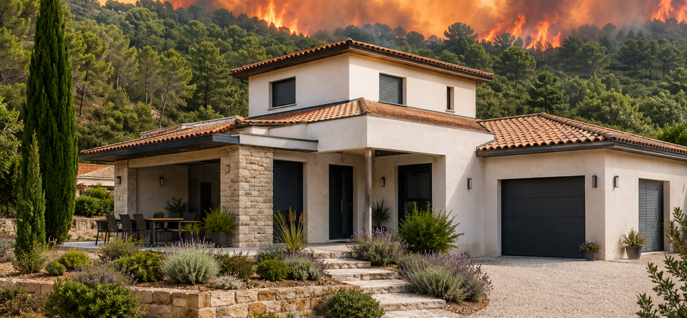 Incendies : quels matériaux protègent vraiment une maison des flammes ? Maison construite avec des matériaux résistants au feu face à un incendie de forêt
