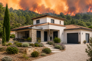 Maison construite avec des matériaux résistants au feu face à un incendie de forêt