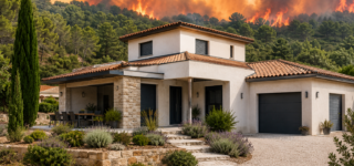 Maison construite avec des matériaux résistants au feu face à un incendie de forêt